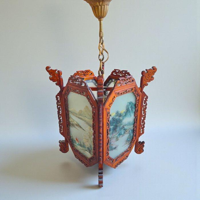 Hand-Painted Glass - Plafondlamp - Hout, Glas, Antiek en Kunst, Antiek | Overige Antiek
