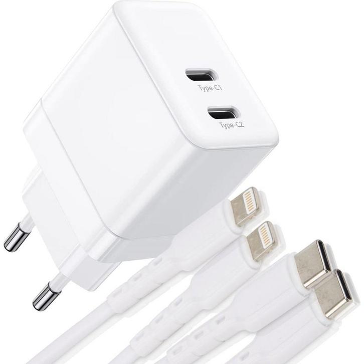 USB-C Snellader 35W + 2x Lightning Kabel - 2M - Geschikt, Telecommunicatie, Mobiele telefoons | Telefoon-opladers, Ophalen of Verzenden