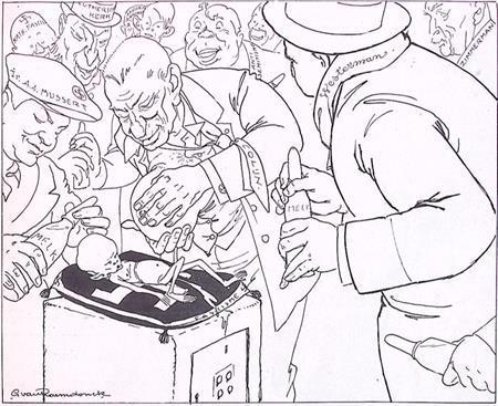 Spotprent met mannen die het fascisme grootbrengen (Lithos), Antiek en Kunst, Kunst | Litho's en Zeefdrukken, Verzenden