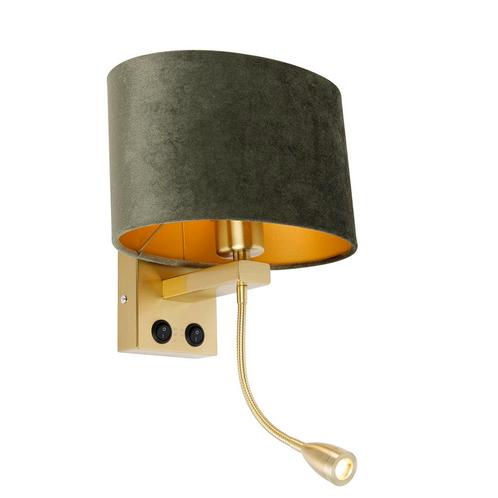 Wandlamp messing met ovale velours kap groen 25cm - Brescia, Huis en Inrichting, Lampen | Wandlampen, Nieuw, Overige materialen
