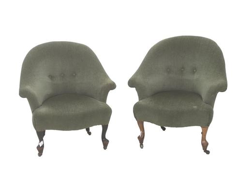 Twee saliegroene crapaud stoelen, 19e/20e eeuw, Huis en Inrichting, Stoelen, Gebruikt
