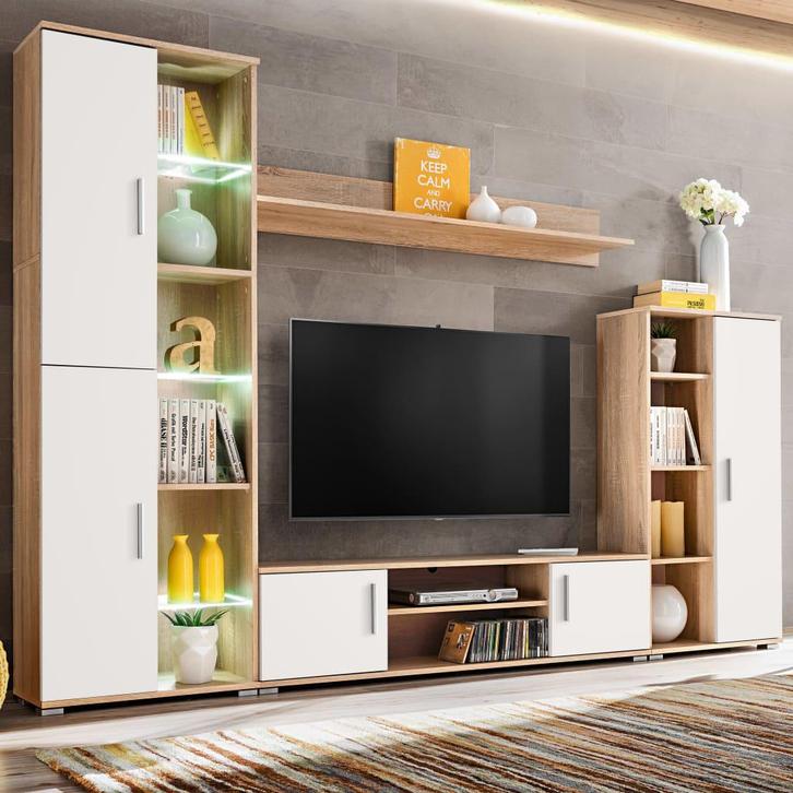 vidaXL Tv-wandmeubel met LED-verlichting Sonoma eiken en wit, Huis en Inrichting, Kasten | Televisiemeubels, 25 tot 50 cm, Nieuw