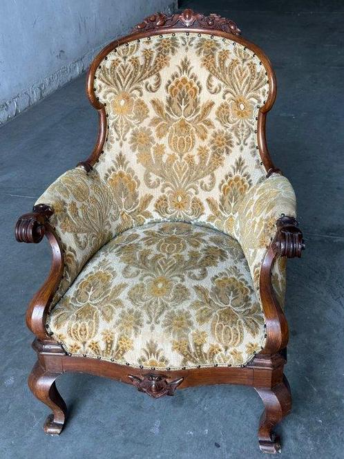 Fauteuil - Damask katoen, Hout - Fauteuil van mahoniehout, Antiek en Kunst, Antiek | Overige Antiek