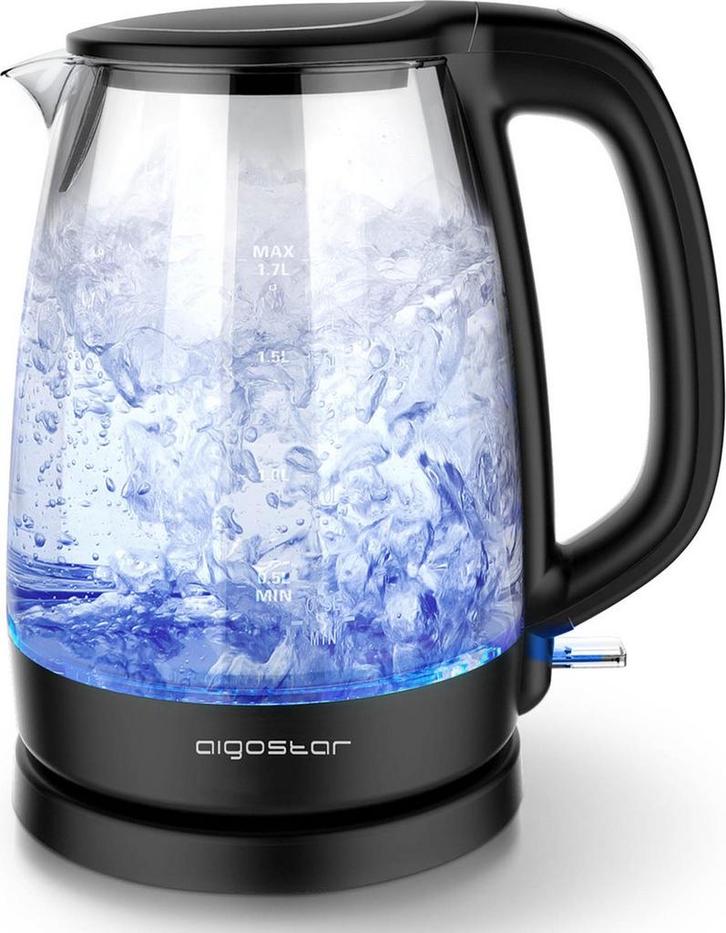 Aigostar Glazen Waterkoker - LED - 1,7L - 2200W - Zwart, Witgoed en Apparatuur, Overige Witgoed en Apparatuur, Nieuw, Verzenden