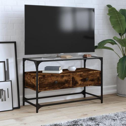 vidaXL Tv-meubel met glazen blad 80x35x51 cm hout gerookt, Huis en Inrichting, Kasten | Televisiemeubels, Nieuw, Overige houtsoorten