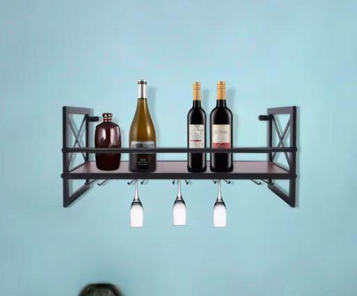 Wandrek Wijnrek met Glashaken – Metaal en Hout, 61 cm, Huis en Inrichting, Keuken | Keukenelementen, Nieuw, Verzenden