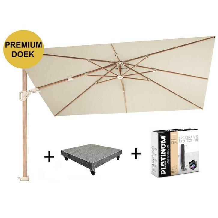 Challenger T2 premium parasol 260x350 cm teak champagne met, Tuin en Terras, Parasols, Nieuw, Ophalen of Verzenden