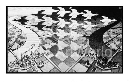Kunstdruk M. C. Escher - Tag und Nacht 86x55cm, Huis en Inrichting, Woonaccessoires | Schilderijen, Tekeningen en Foto's, Nieuw