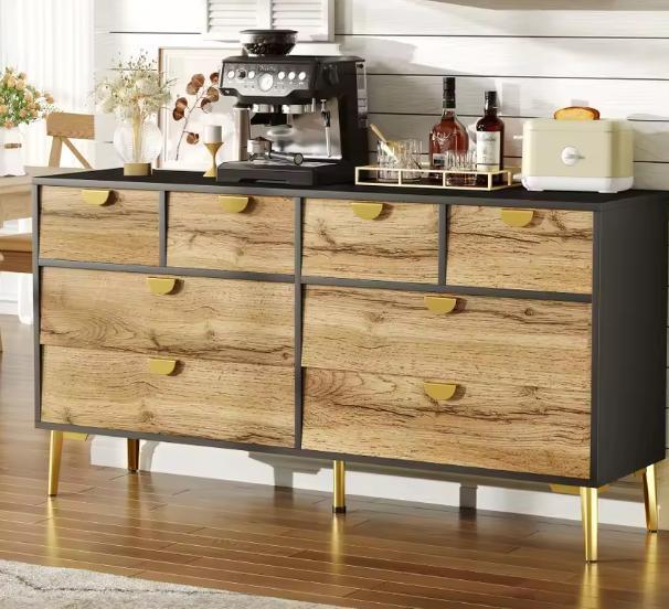 Dressoir 150 cm – 8 Lades, Zwart & Houtlook, Metalen Grepen, Huis en Inrichting, Keuken | Keukenelementen, Nieuw, Verzenden