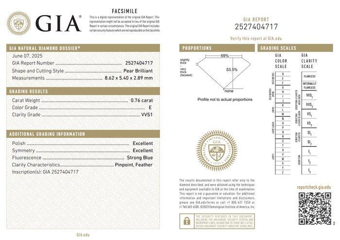 1 pcs Diamant (Natuurlijk) - 0.76 ct - Peer - E - VVS1 -, Sieraden, Tassen en Uiterlijk, Edelstenen