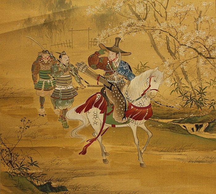 Musha-e (Cherry blossoms and Samurai) - With signature, Antiek en Kunst, Antiek | Overige Antiek