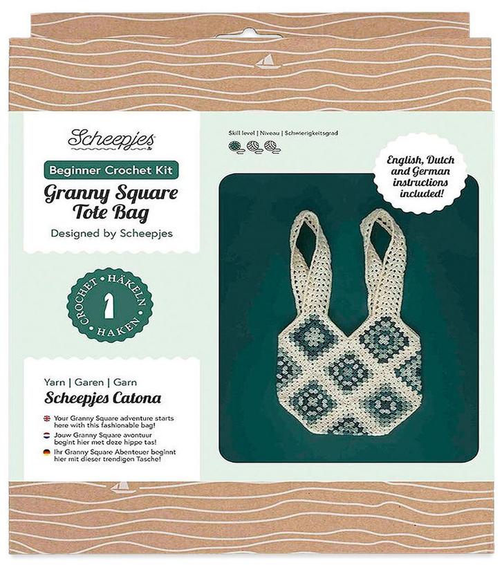 Scheepjes Granny Square Tote Bag - Ecru met groen - Haakki, Hobby en Vrije tijd, Breien en Haken, Ophalen of Verzenden