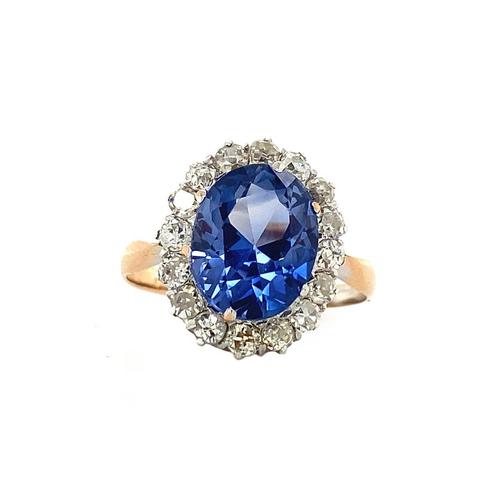 Gouden entourage ring met saffier en diamant 20 krt/925, Sieraden, Tassen en Uiterlijk, Ringen, Nieuw, Ophalen of Verzenden