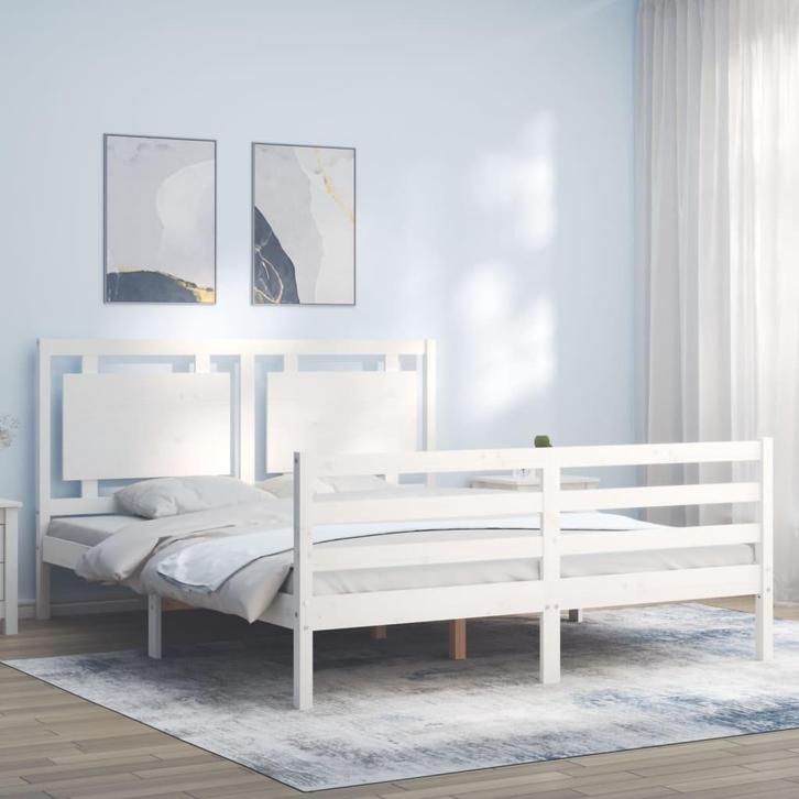 vidaXL Bedframe met hoofdbord massief hout wit 160x200 cm, Huis en Inrichting, Slaapkamer | Bedden, 160 cm, 200 cm, Wit, Tweepersoons