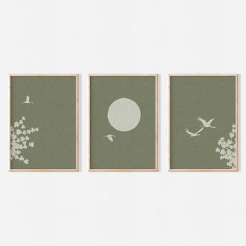 Drieluik Poster: Japanse Lente - Zon, Kraanvogels en Bloesem