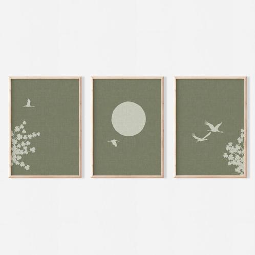 Drieluik Poster: Japanse Lente - Zon, Kraanvogels en Bloesem, Huis en Inrichting, Woonaccessoires | Wanddecoraties, Nieuw, Verzenden
