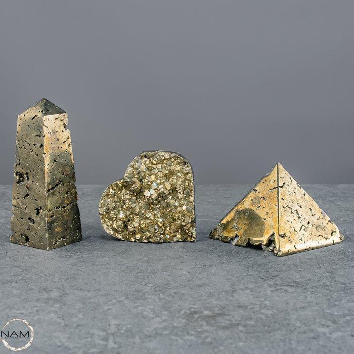 Uniek pyriet-set – Obelisk, Pyramide en Hart in krachtige, Verzamelen, Mineralen en Fossielen