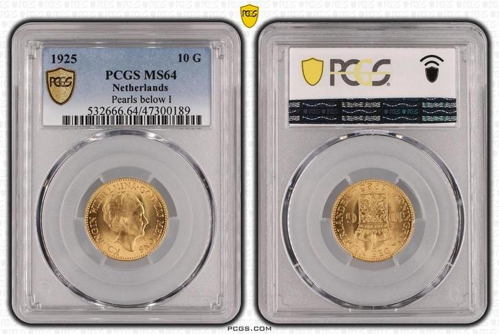 Gouden Wilhelmina 10 gulden 1925 MS63 Pearl below I variant, Postzegels en Munten, Munten | Nederland, Losse munt, 10 gulden, Koningin Wilhelmina