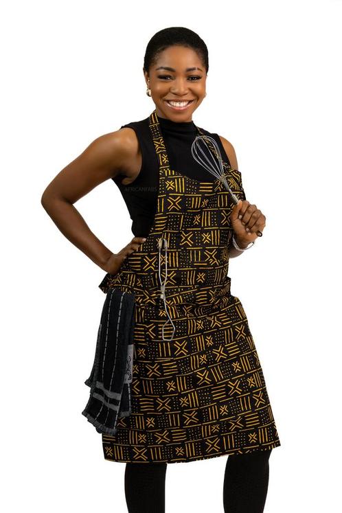 Schort met Afrikaanse print  - Zwart / Gele X Bogolan, Huis en Inrichting, Keuken | Textiel, Nieuw, Ophalen of Verzenden