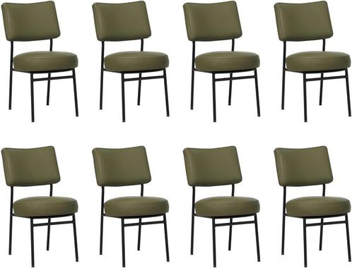 Set van 8 Olijfgroene leren moderne retro eetkamerstoelen -, Huis en Inrichting, Stoelen, Vijf, Zes of meer stoelen, Overige kleuren