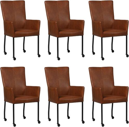 Set van 6 Cognac leren moderne eetkamerstoelen - met armleun, Huis en Inrichting, Stoelen, Vijf, Zes of meer stoelen, Overige kleuren