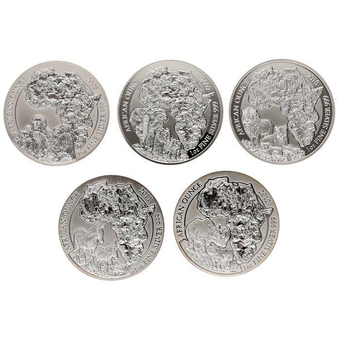 Rwanda. 50 Frank 2008/2012 - African Ounce Coins (5 stuks), Postzegels en Munten, Munten | Europa | Niet-Euromunten