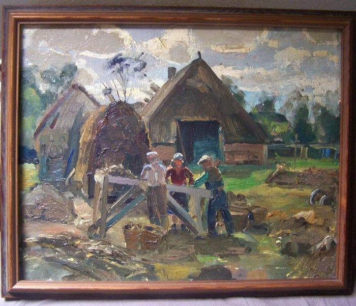 Hollandse school (XX) - Drentsch Boerenerf, Antiek en Kunst, Kunst | Schilderijen | Klassiek