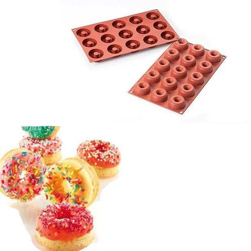 Silikomart Siliconen Bakvorm Mini Donuts Ø4,5-1,5x1,8cm (15), Hobby en Vrije tijd, Taarten en Cupcakes maken, Nieuw, Verzenden