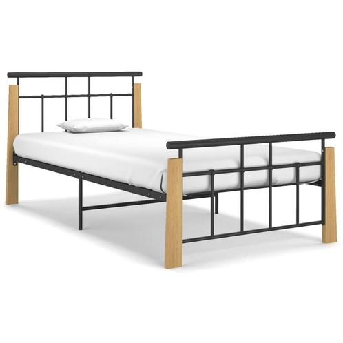 vidaXL Bedframe metaal en massief eikenhout 100x200 cm, Huis en Inrichting, Slaapkamer | Bedden, 100 cm, 200 cm, Zwart, Eenpersoons