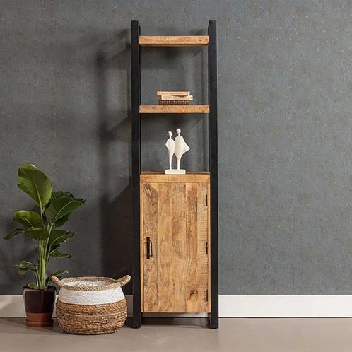 Boekenkast Mangohout Britt Smal Met Kastje 200 cm, Huis en Inrichting, Kasten | Boekenkasten, 25 tot 50 cm, Nieuw, Overige houtsoorten