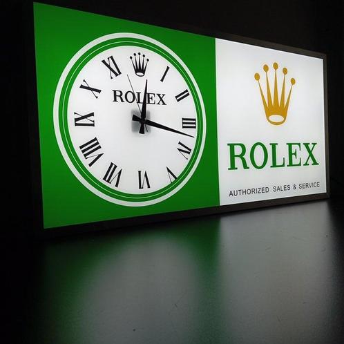 ROLEX ILLUMINATED SIGN WITH CLOCK - Lichtbord - Aluminium, Antiek en Kunst, Antiek | Wandborden en Tegels