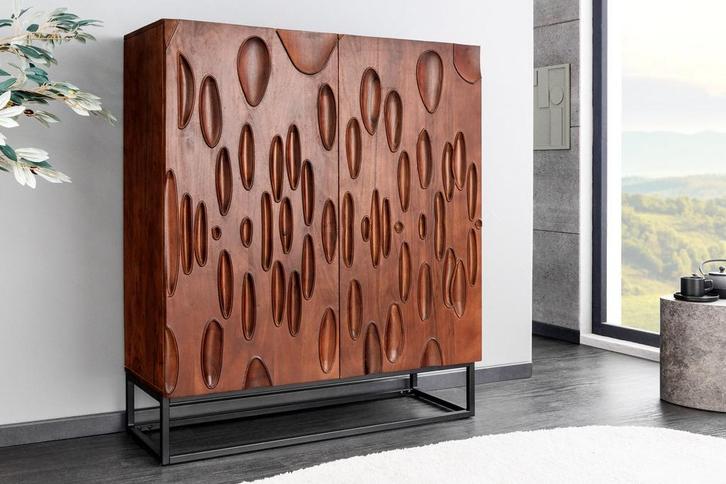 Massief Highboard DUNE 120cm Walnoot-Bruin Acaciahout 3D, Huis en Inrichting, Kasten | Overige, Ophalen of Verzenden