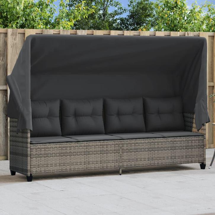vidaXL Ligbed met luifel en kussens poly rattan grijs, Tuin en Terras, Ligbedden, Nieuw, Verzenden