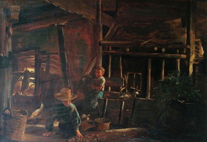 Johannes Weiland (1856-1909) - Children in the barn, Antiek en Kunst, Kunst | Schilderijen | Klassiek