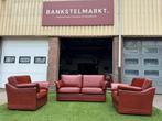 Bankstel cognac bruin buffel leren 2,5  bank met 2 fauteuils, Design, Rechte bank, Vierpersoons of meer, Leer