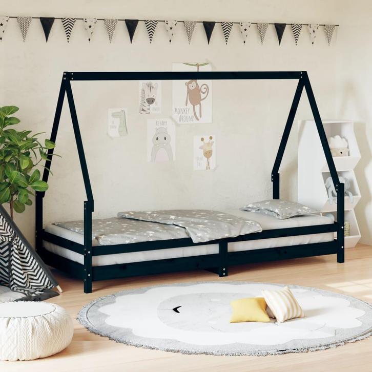 vidaXL Kinderbedframe 80x200 cm massief grenenhout zwart, Kinderen en Baby's, Kinderkamer | Bedden, Nieuw, Verzenden