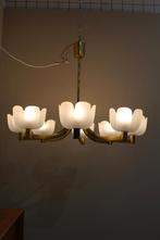 Vintage hanglamp, kroonluchter - messing jaren 70, Huis en Inrichting, Gebruikt, Glas, Jaren '70