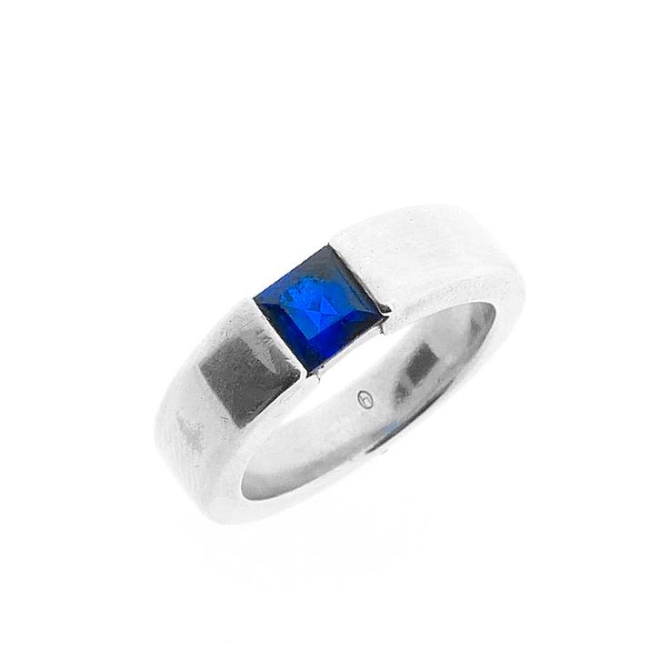 Zilveren ring met synthetische blauwe edelsteen (fantasie), Sieraden, Tassen en Uiterlijk, Ringen, Dame, Met edelsteen, Overige kleuren