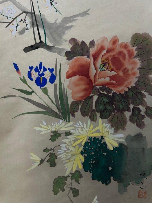 Prachtig Vier Seizoenen Bloemen schilderij met pioen,, Antiek en Kunst, Antiek | Overige Antiek