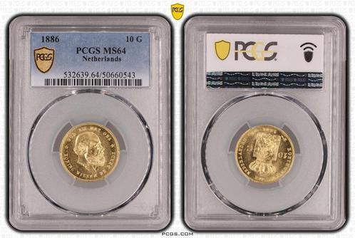 Gouden Willem III 10 gulden 1886 MS64 PCGS gecertificeerd, Postzegels en Munten, Munten | Nederland, Losse munt, 10 gulden, Koning Willem III