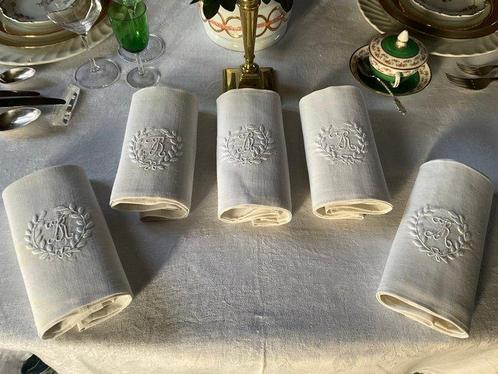 5 Late Napoleon III, empire-linnen servetten met initialen, Antiek en Kunst, Antiek | Kleden en Textiel