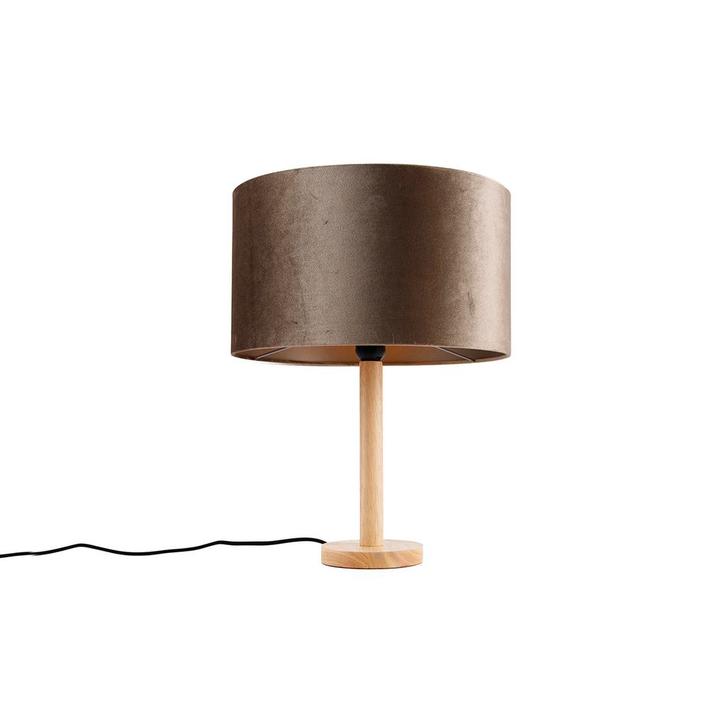 Tafellamp hout met velours kap taupe 35cm - Mels, Huis en Inrichting, Lampen | Tafellampen, Nieuw, Overige materialen, Minder dan 50 cm