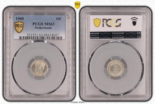 Koningin Wilhelmina 10 cent 1905 MS63 PCGS gecertificeerd, Postzegels en Munten, Munten | Nederland, Losse munt, Zilver, Verzenden