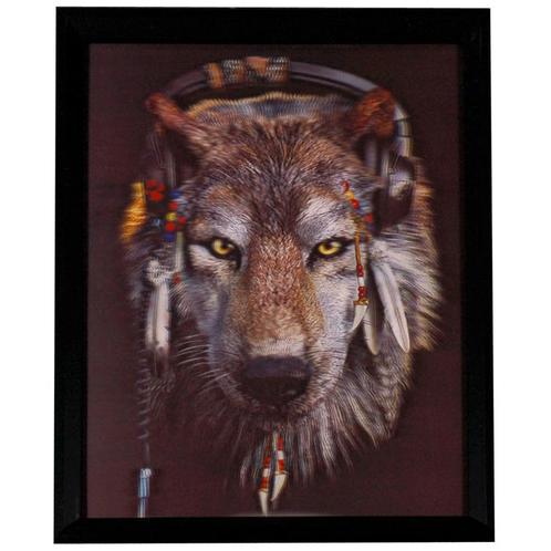 Poster 3D met Lijst - Wolf Indian Look & Headphone - 43x33cm, Huis en Inrichting, Woonaccessoires | Schilderijen, Tekeningen en Foto's