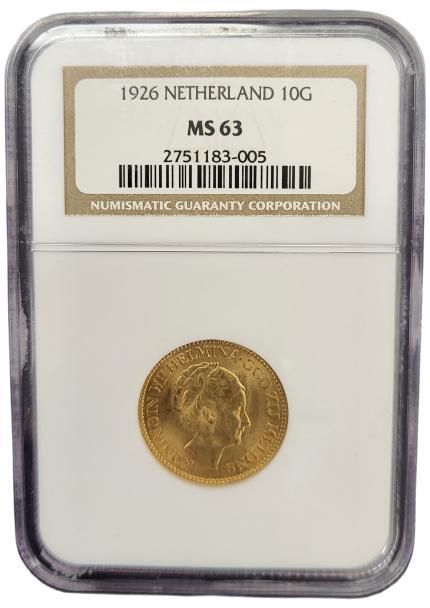 Gouden Wilhelmina 10 gulden 1926 MS63 NGC gecertificeerd, Postzegels en Munten, Munten | Nederland, Losse munt, 10 gulden, Koningin Wilhelmina