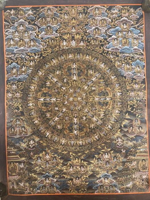 Zeer fijn geschilderd Thangka Mandala - Nepal - Tweede helft, Antiek en Kunst, Kunst | Niet-Westerse kunst