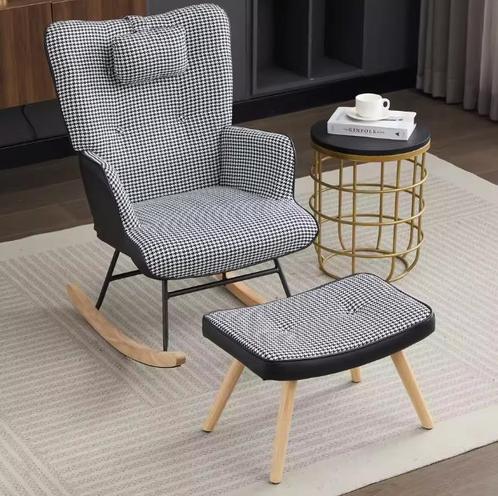 Schommelstoel met Voetensteun Zwart Wit Geruit – Ergonomisch, Huis en Inrichting, Stoelen, Nieuw, Verzenden