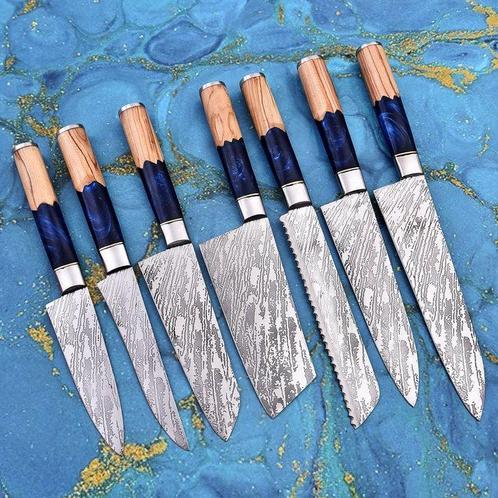 Gold Deer - 7 Piece professional knives set - Hammered Steel, Antiek en Kunst, Antiek | Keukenbenodigdheden
