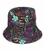 Bucket Hat Omkeerbaar Tekst Figuren Patroon Paars Zwart, Nieuw