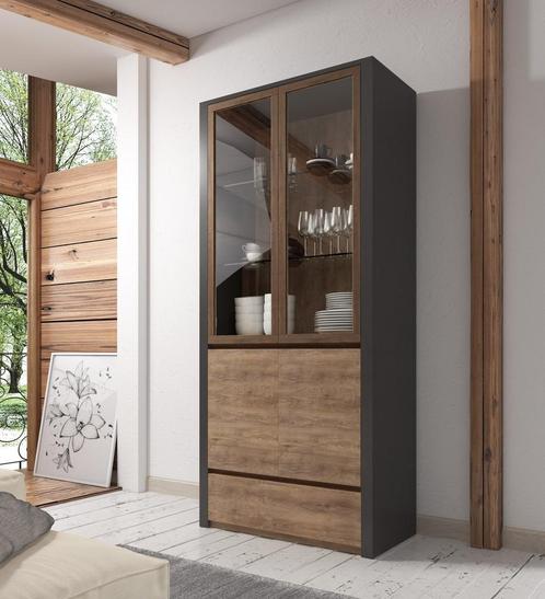 Vitrinekast Monaco 90 cm - Eiken - Grijs - Met glas, Huis en Inrichting, Kasten | Vitrinekasten, 25 tot 50 cm, Nieuw, 150 tot 200 cm